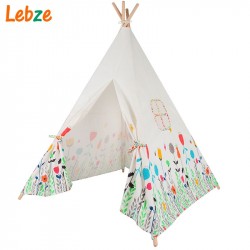 Lovely Cartoon Kids Teepee Four Poles Children Play Tent Cotton Canvas Baby Tipi Tent  Flowers Printed Play House for Baby Room