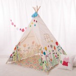 Lovely Cartoon Kids Teepee Four Poles Children Play Tent Cotton Canvas Baby Tipi Tent  Flowers Printed Play House for Baby Room