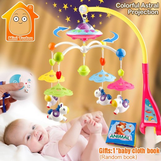 MiniTudou Baby Toys 0-12 Months Crib Mobile Musical Bed Bell With Animal Rattles Projection Cartoon Early Learning Kids Toy