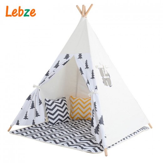 Black Tree Printed Children Teepee Four Poles Kids Play Tent Cotton Canvas Tipi For Baby House Ins Hot Foldable Children's Tent