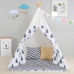 Black Tree Printed Children Teepee Four Poles Kids Play Tent Cotton Canvas Tipi For Baby House Ins Hot Foldable Children's Tent