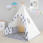 Black Tree Printed Children Teepee Four Poles Kids Play Tent Cotton Canvas Tipi For Baby House Ins Hot Foldable Children's Tent