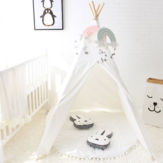 Four Poles Kids Play Tent Cotton Canvas Teepee Children Toy Tent White Pink Blue Playhouse for Baby Room Tipi