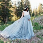 Cozy Pretty Elastic Dusty Blue Pregnant Long Tulle Skirts For Women To Shoot Custom Made Modest Pregancy Tulle Skirt Maternity